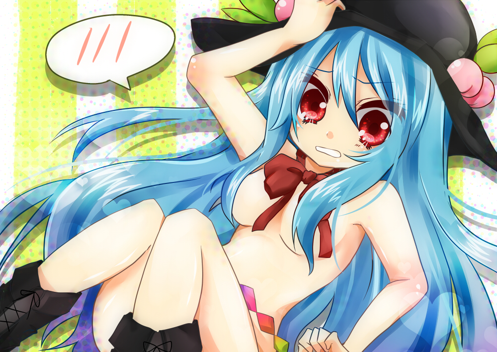aya-0w0 blue_hair boots bow breasts cross-laced_footwear food fruit hat hinanawi_tenshi leaf long_hair medium_breasts nude peach red_eyes solo touhou very_long_hair
