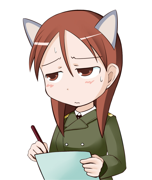 1girl animal_ears chibi military military_uniform minna-dietlinde_wilcke paper red_eyes red_hair strike_witches sweat_drop sweatdrop uniform wolf_ears writing