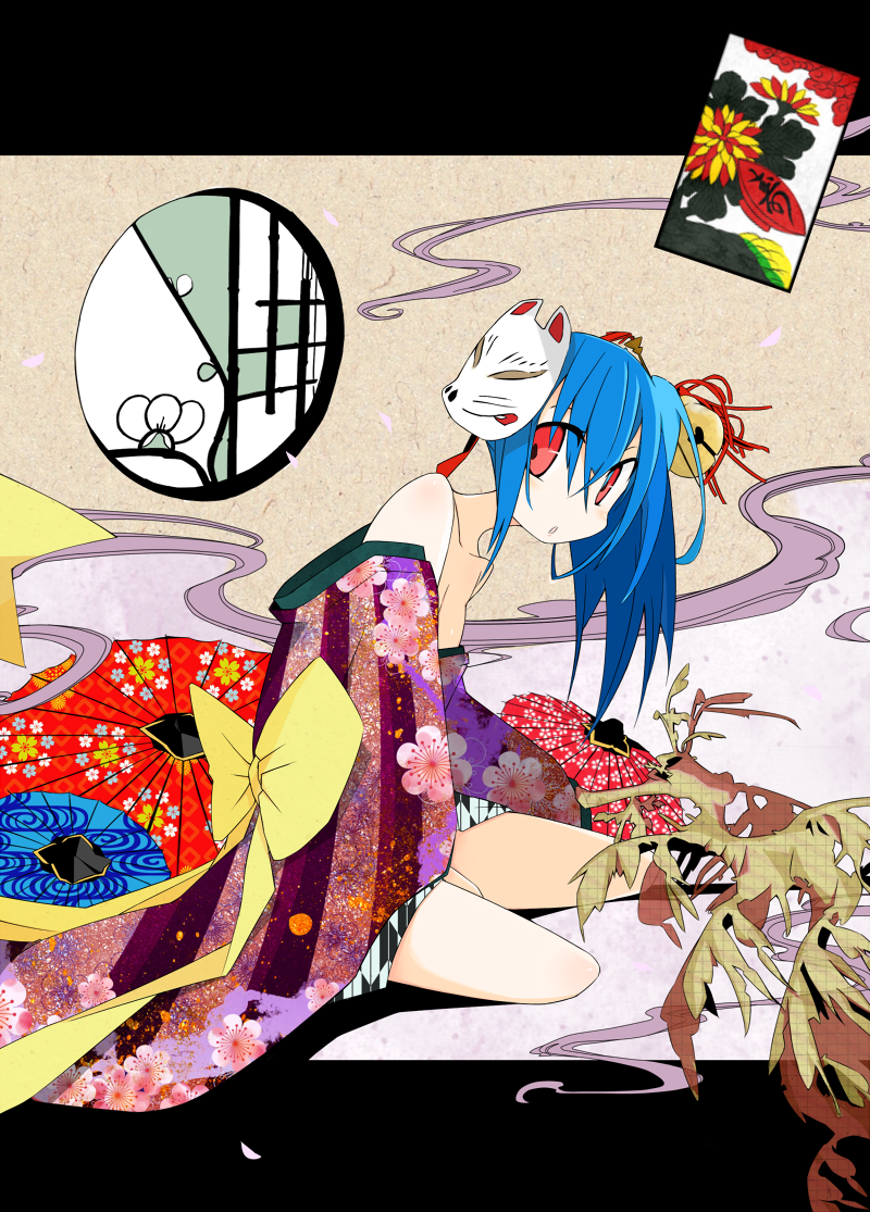alternate_costume bad_id bad_pixiv_id bare_shoulders bell blue_hair bow card collarbone fox_mask hinanawi_tenshi japanese_clothes long_hair mask open_mouth oriental_umbrella plant red_eyes smoke solo tetsurou_(fe+) touhou umbrella