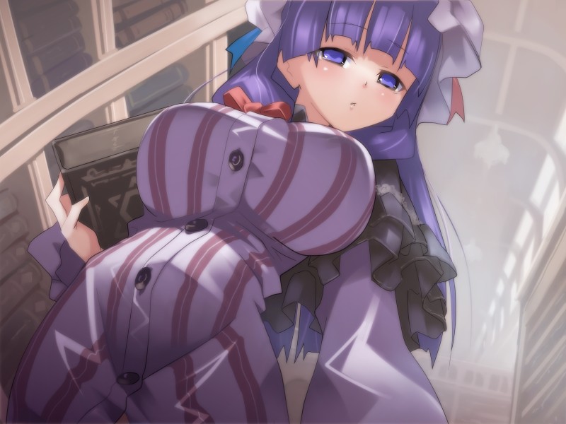 blue_eyes book bookshelf bow breasts curvy frills from_below hat huge_breasts library long_hair long_sleeves patchouli_knowledge purple_hair shishamo@ solo touhou very_long_hair voile