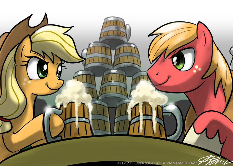 big_macintosh_(mlp) blonde_hair brother_and_sister cider equine eye_contact female feral friendship_is_magic green_eyes hair hat horse john_joseco male mammal my_little_pony pony sibling siblings smile