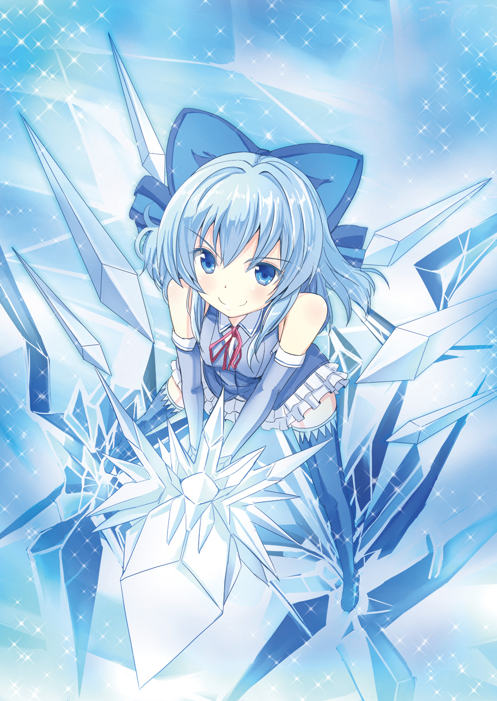 alternate_costume blue_eyes blue_hair cirno crystal_sword elbow_gloves gin'ichi_(akacia) gloves highres holding ice ice_wings smile solo sword thighhighs touhou weapon wings