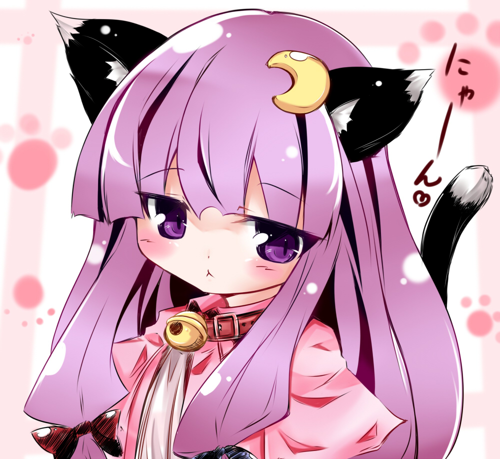 animal_ears bell bell_collar blush bow capelet cat_ears cat_tail collar crescent crescent_hair_ornament hair_bow hair_ornament izumi_yuuji_(trace_kouhosei) patchouli_knowledge purple_eyes purple_hair solo tail touhou