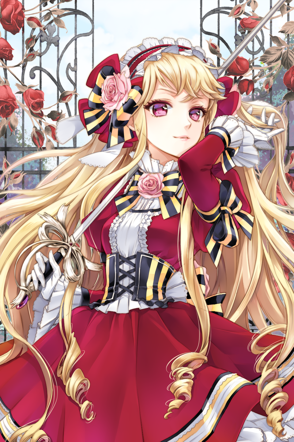 blonde_hair bow cinia_pacifica cocoon_(loveririn) corset dress drill_hair flower frills gate gloves hairband hand_in_hair highres light_smile lolita_hairband long_hair over_shoulder pink_eyes pink_flower pink_rose rapier red_dress red_flower red_rose ribbon rose solo sword sword_girls sword_over_shoulder very_long_hair weapon weapon_over_shoulder white_gloves