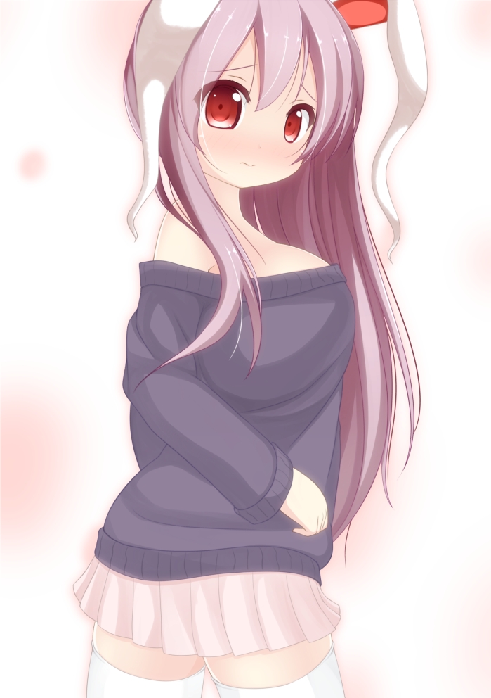 animal_ears bad_id bad_pixiv_id blush breasts bunny_ears chimunge large_breasts long_hair pink_hair red_eyes reisen_udongein_inaba skirt solo sweater thighhighs touhou white_background white_legwear