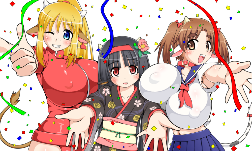 3girls animal_ears black_hair blonde_hair blue_eyes breasts brown_eyes brown_hair bursting_breasts collar confetti cow cow_ears cow_girl cow_tail erect_nipples female flat_chest flower freckles gigi_(hurimaro) gym_uniform hair_ornament happy horns horuta_suin hottasuin_(hurimaro) huge_breasts hurimaro_metayaki japanese_clothes kimono long_hair multiple_girls navel open_mouth original party pose posing red_eyes school_uniform skirt standing tail twintails wink