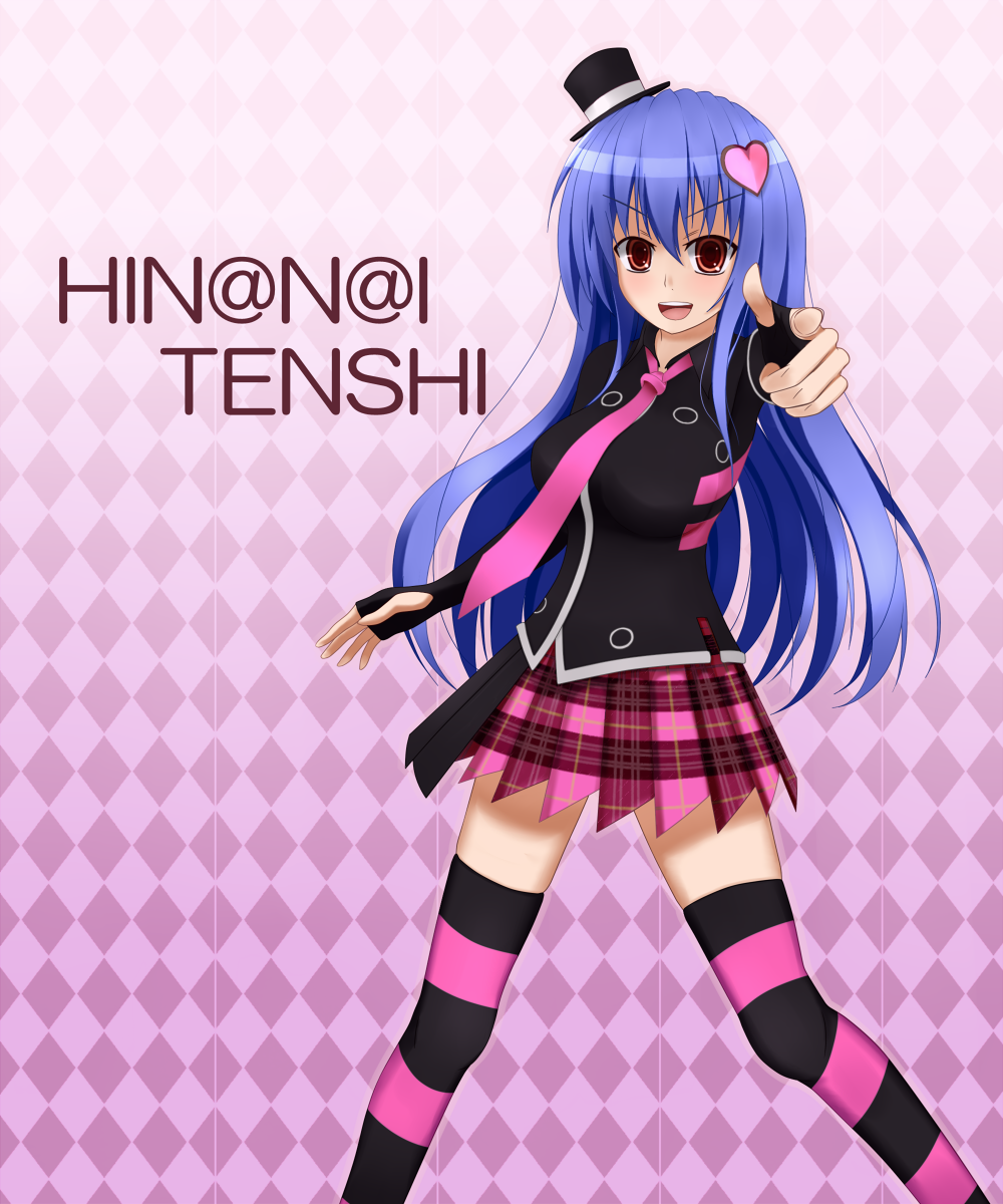 alternate_costume bad_id bad_pixiv_id blue_hair character_name hat highres hinanawi_tenshi long_hair long_sleeves looking_at_viewer miniskirt necktie open_mouth pointing red_eyes skirt solo taxamin thighhighs touhou very_long_hair