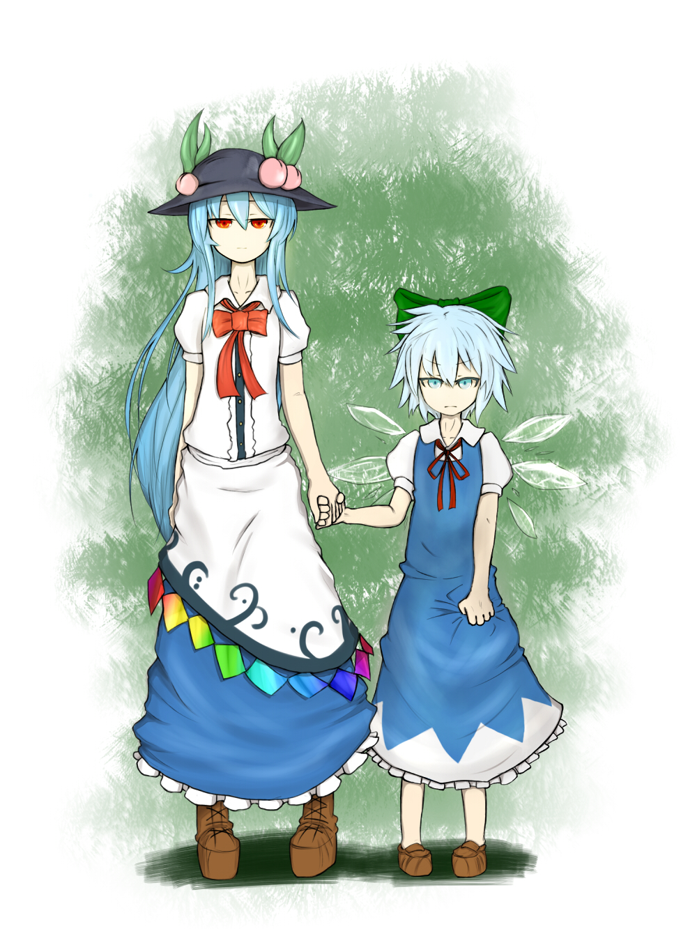 bad_id bad_pixiv_id blue_eyes bow cirno collarbone cross-laced_footwear fairy food fruit hair_bow hat highres hinanawi_tenshi ice ice_wings leaf long_hair long_skirt multiple_girls peach red_eyes ryota_tentei short_hair short_sleeves simple_background skirt touhou very_long_hair wings