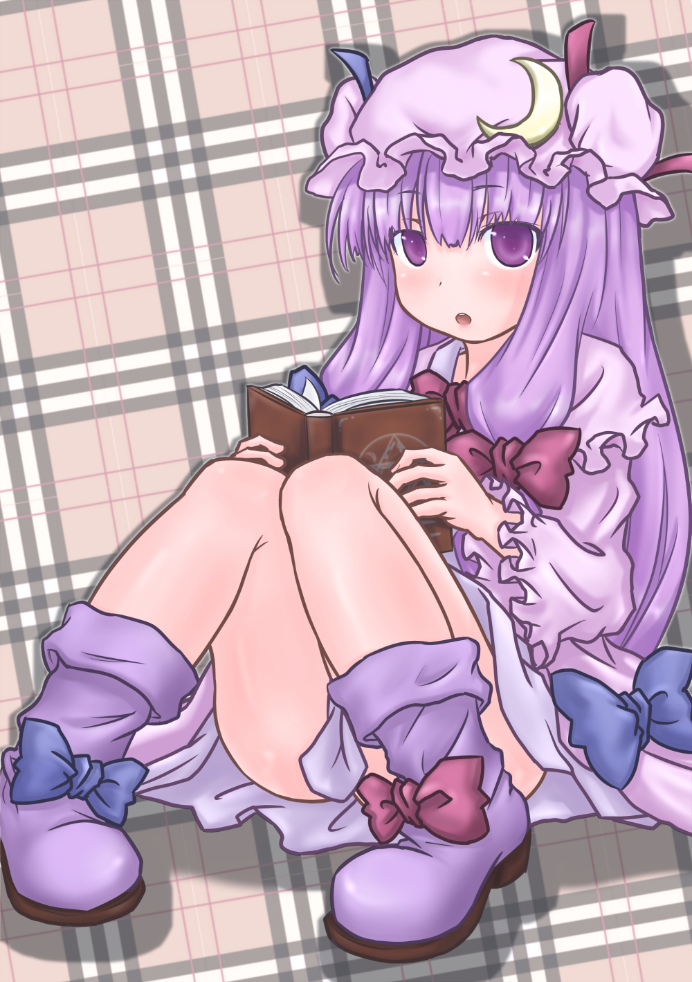 bad_id bad_pixiv_id blush book bow crescent hair_bow hat highres long_hair magic_circle open_mouth patchouli_knowledge purple_eyes purple_hair sitting solo takanoru touhou very_long_hair