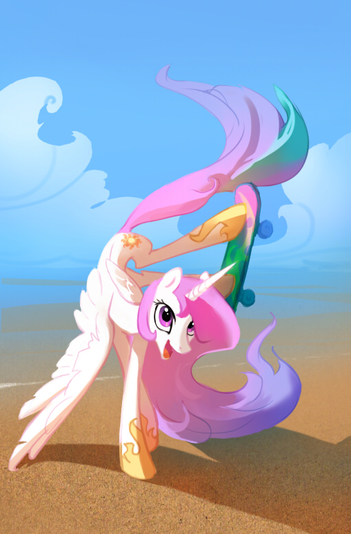 cutie_mark equine female feral friendship_is_magic horn mammal my_little_pony palestorm princess princess_celestia_(mlp) royalty seaside skate skateboard snowseed winged_unicorn wings young