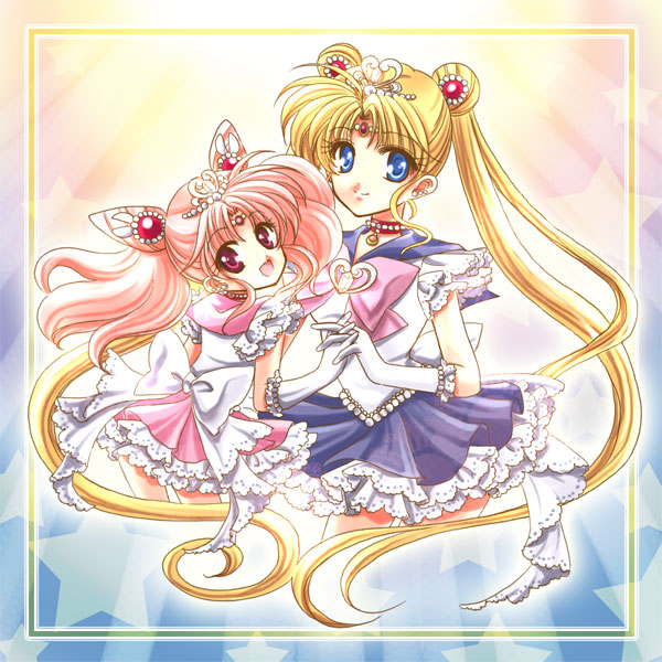 adapted_costume back_bow bishoujo_senshi_sailor_moon blonde_hair blue_eyes blue_sailor_collar blue_skirt bow chibi_usa choker double_bun earrings frills gloves hair_ornament hairpin holding_hands jewelry long_hair looking_back magical_girl multiple_girls pink_bow pink_hair pink_sailor_collar pink_skirt pretty_guardian_sailor_moon princess_sailor_moon red_choker red_eyes ribbon sailor_chibi_moon sailor_collar sailor_moon sailor_senshi_uniform shirataki_kaiseki short_hair skirt smile tiara tsukino_usagi twintails white_bow white_gloves