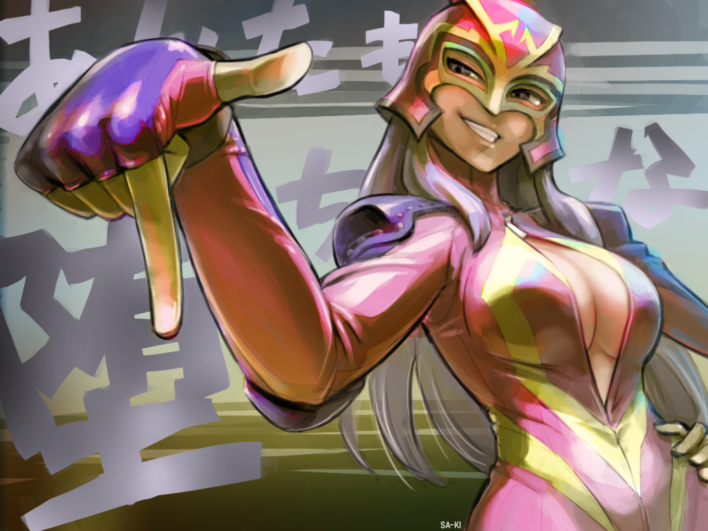 bearclaw bodysuit breasts fingerless_gloves gloves large_breasts long_hair mask no_bra open_clothes pink_bodysuit purple_hair sa-ki smile solo wrestle_angels wrestle_angels_survivor wrestle_angels_survivor_2 wrestler wrestling_outfit