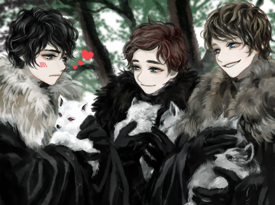 a_song_of_ice_and_fire bad_id bad_pixiv_id black_eyes black_gloves black_hair blue_eyes blush brown_hair cape dog fur_trim ghost_(a_song_of_ice_and_fire) gloves grey_wind heart jon_snow lady_(a_song_of_ice_and_fire) male_focus multiple_boys nymeria_(a_song_of_ice_and_fire) puppy red_hair robb_stark shaggydog_(a_song_of_ice_and_fire) siuuu theon_greyjoy wolf