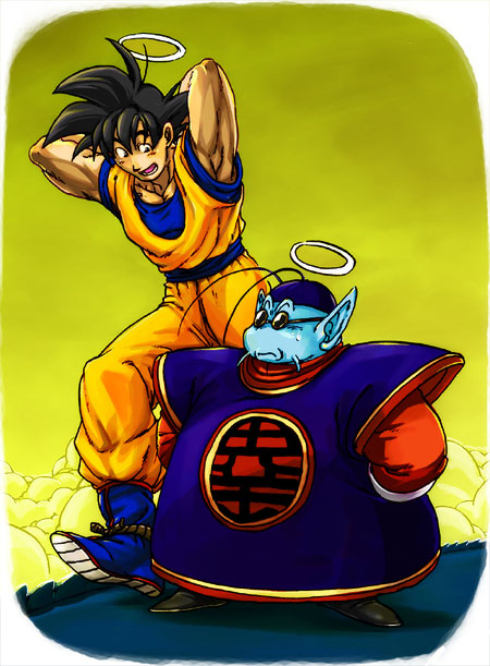 2boys :d arms_behind_back arms_behind_head black_hair boots clothes_writing cloud dougi dragon_ball dragonball_z frown full_body halo height_difference looking_at_another male_focus multiple_boys nervous nitako north_kaiou open_mouth shadow short_hair simple_background smile snake_way son_gokuu spiked_hair sunglasses sweatdrop walking wristband