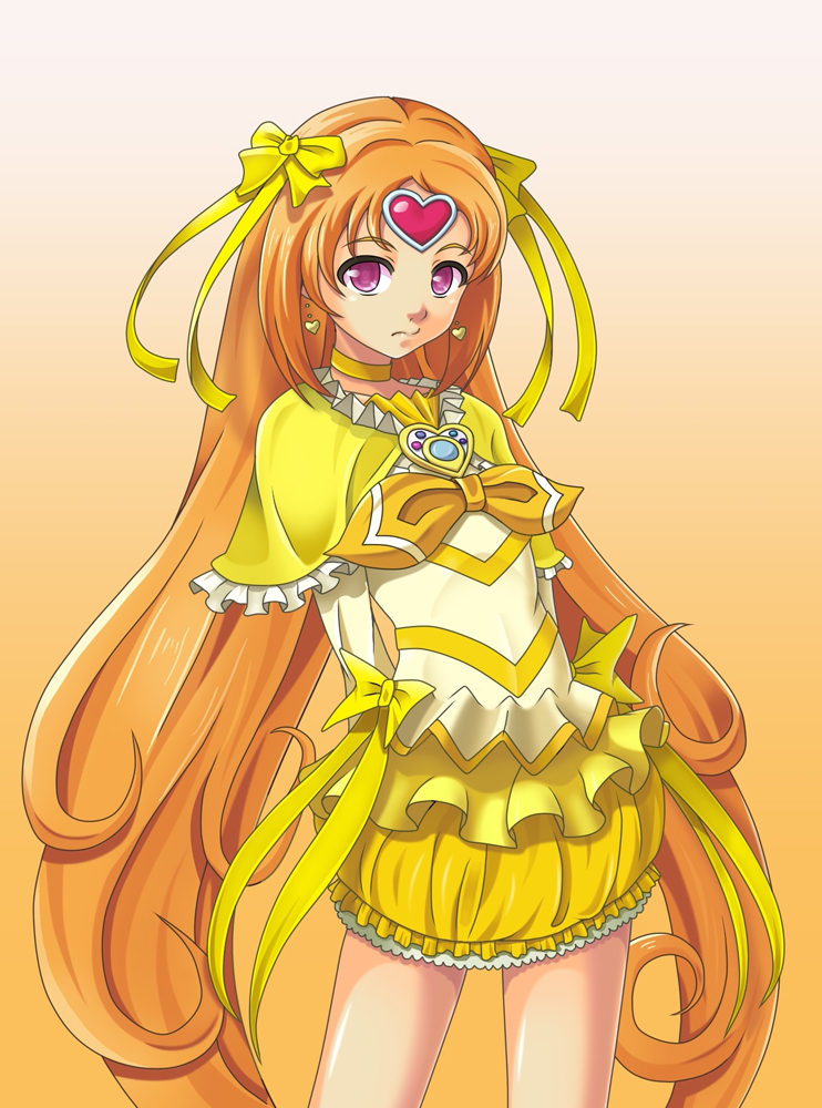 arms_behind_back bow brooch bubble_skirt choker cure_muse_(yellow) expressionless hair_bow heart jewelry long_hair magical_girl ntk_51 orange_background orange_hair pink_eyes precure shirabe_ako skirt solo suite_precure yellow_bow yellow_choker yellow_skirt