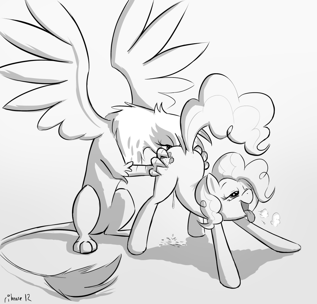 balloon butt butt_grab cunnilingus cutie_mark equine female feral friendship_is_magic gilda_(mlp) gryphon horse interspecies lesbian mammal monochrome my_little_pony open_mouth oral oral_sex pinkie_pie_(mlp) pony pussy_juice ribnose sex tongue tongue_out vaginal wing_boner wings
