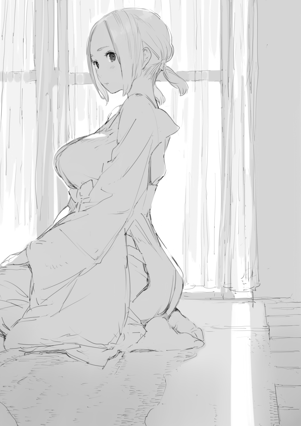 barefoot breasts chihayafuru curtains from_side greyscale highres houden_eizou huge_breasts indoors lineart long_sleeves looking_to_the_side monochrome ooe_kanade seiza short_twintails sidelocks sitting solo toes twintails window