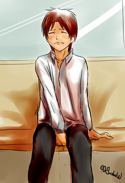 black_trousers boy brown_hair cry eyes_closed omorashi peeing shame sit traing wetting white_shirt