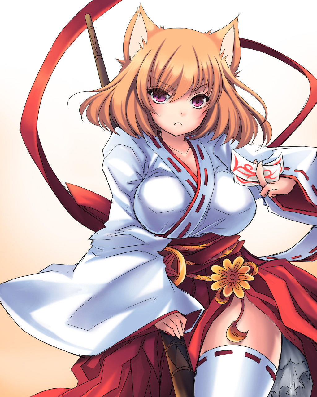 animal_ears bad_id bad_pixiv_id blonde_hair breasts fox_ears highres japanese_clothes large_breasts miko ofuda original pink_eyes sakurai_unan short_hair solo thighhighs