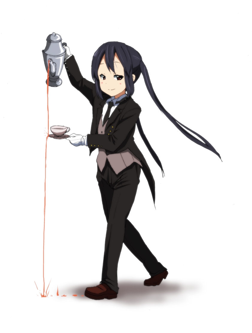 alternate_costume bad_id bad_pixiv_id black_hair brown_eyes cosplay cup decantering failure formal gloves k-on! kuroshitsuji long_hair nakano_azusa necktie pant_suit pants parody pouring saucer sebastian_michaelis sebastian_michaelis_(cosplay) smile smug solo spilling suit teacup teapot twintails watanore white_background white_gloves you're_doing_it_wrong