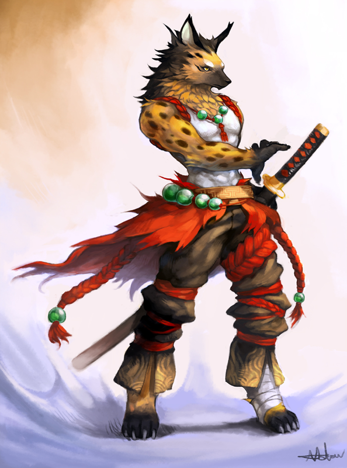 bandage barefoot black_fur black_markings black_nose brown_fur canine claws clothed clothing ear_tuft fur gem hyena katana male mammal markings moodraw muscles necklace orange_fur pants pointy_ears pose rope simple_background solo spots sword topless tuft weapon white_fur yellow_eyes