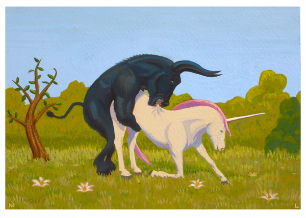 anthro_on_feral bestiality bite bovine bull cattle equine female feral flower grass hair hooves horn interspecies male mammal meadow mitchell_landsman outside pink_hair sex sky straight tree unicorn wood