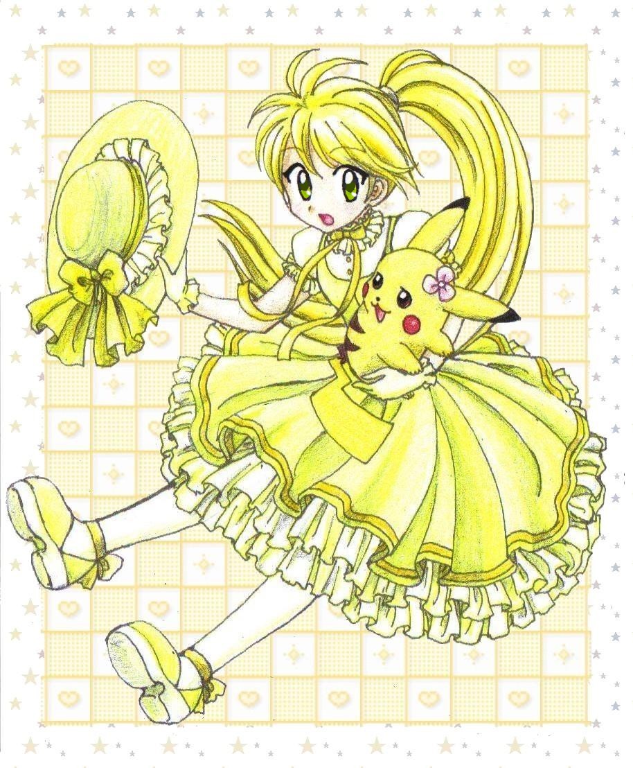 alternate_costume blush_stickers brown_eyes checkered checkered_background chikorita85 chuchu_(pokemon) dress flower frilled_dress frills gen_1_pokemon green_eyes hair_flower hair_ornament hat hat_removed headwear_removed heart heart_background holding holding_hat long_hair looking_at_viewer looking_back partially_colored pikachu pokemon pokemon_(creature) pokemon_special ponytail shoes sitting star starry_background traditional_media very_long_hair yellow yellow_(pokemon) yellow_background yellow_dress