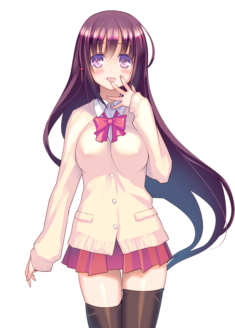 achiga_school_uniform black_legwear blush cardigan coffee_cat finger_to_mouth long_hair matsumi_kuro open_mouth purple_hair saki school_uniform simple_background skirt solo thighhighs very_long_hair white_background zettai_ryouiki