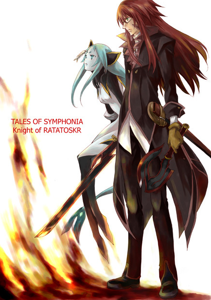 1boy 1girl animal_ears aqua_(tales_of_symphonia) axe blue_eyes blue_hair breasts candle0213 coat copyright_name earrings glasses gloves green_eyes grey_skin jewelry long_hair pants red_hair richter_abend shoes sword tales_of_(series) tales_of_symphonia tales_of_symphonia_knight_of_ratatosk title_drop weapon