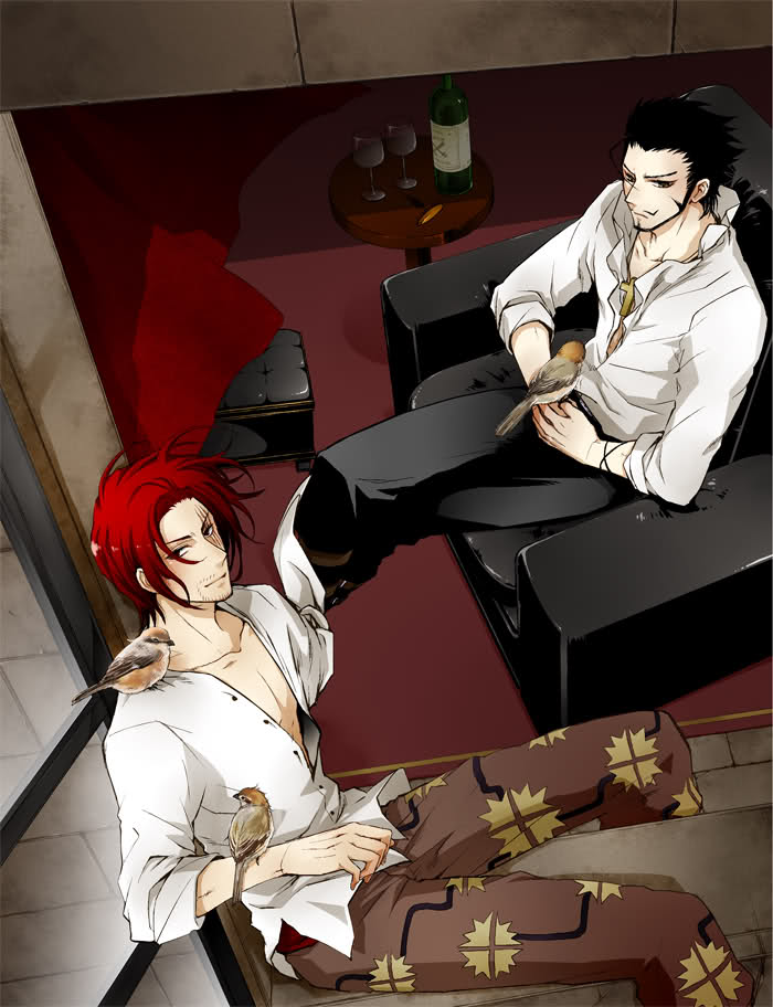 2boys bird black_hair black_pants bottle chair corkscrew curtain curtains dracule_mihawk facial_hair footrest glass jewelry legs_crossed looking_at_viewer male male_focus multiple_boys mustache necklace one_piece open_clothes open_shirt open_window pants perch red_hair rug sash scar shanks shichibukai shirt shoulder_perch sitting sparrow table white_shirt wind window wine_glass wineglass yellow_eyes