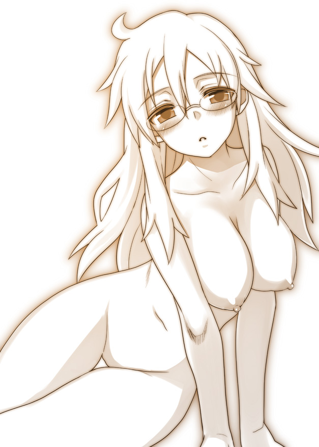 akanagi arm_support ben-tou breasts collarbone glasses groin hips large_breasts long_hair looking_at_viewer monochrome nipples nude parted_lips shaga_ayame sitting solo thigh_gap thighs