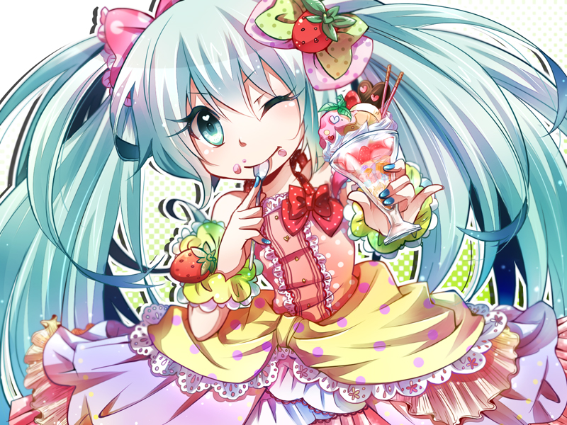 aqua_eyes aqua_hair dress eating food food_on_face hatsune_miku ice_cream long_hair nail_polish one_eye_closed pinky_out smile solo spoon sundae tsujiori twintails very_long_hair vocaloid