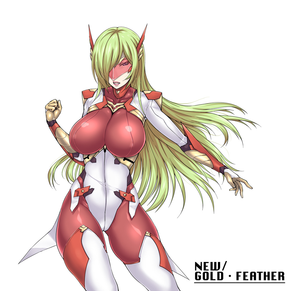 black_beat bodysuit breasts clenched_hand clenched_teeth elbow_gloves gloves gold_feather green_hair h_ero hair_over_one_eye large_breasts long_hair original simple_background solo teeth thighhighs very_long_hair visor white_background
