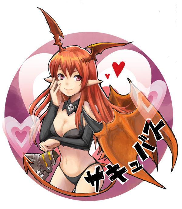 akatsuki_hiro bat_wings demon_tail head_wings heart long_hair lord_of_vermilion pointy_ears red_eyes red_hair smile solo succubus_(lord_of_vermilion) tail wings