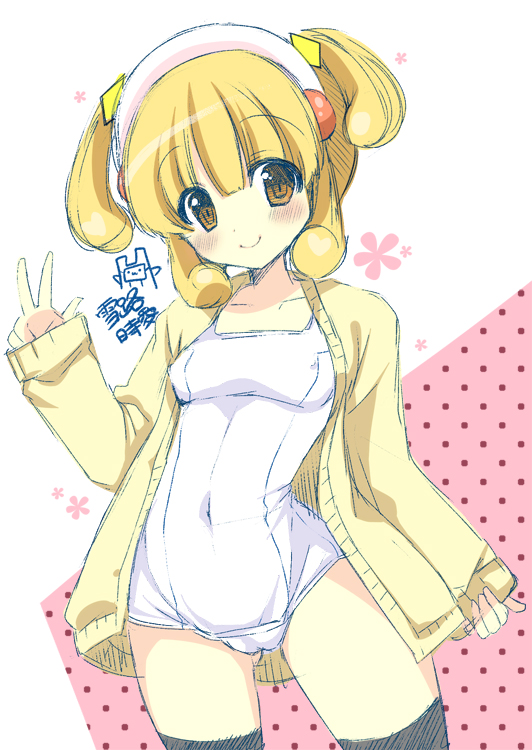 black_legwear blonde_hair cardigan hairband kise_yayoi one-piece_swimsuit open_cardigan open_clothes precure school_swimsuit short_hair smile_precure! swimsuit thighhighs toki_ai twintails two_side_up v white_hairband white_school_swimsuit white_swimsuit yellow_eyes