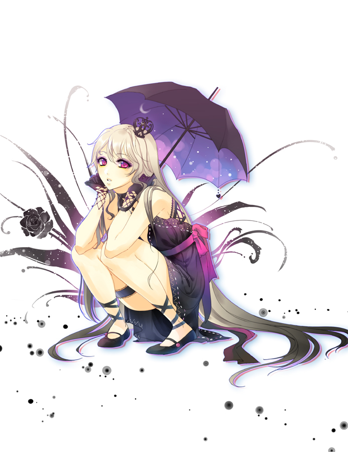 bare_shoulders blonde_hair crown dress ein_lee flower gloves legs long_hair looking_at_viewer original otacool parted_lips purple_eyes ribbon simple_background solo squatting thigh_strap umbrella very_long_hair