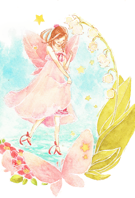 bad_id bad_pixiv_id brown_hair bug butterfly closed_eyes copyright_request dress fairy flower insect lily_of_the_valley minigirl pink_dress smile solo star utauinu_(saku) wings