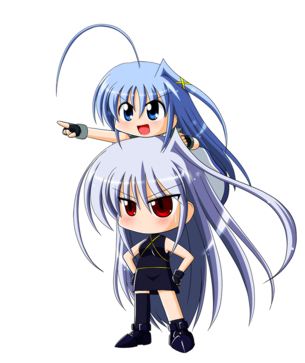ahoge blue_eyes blue_hair boots chibi fingerless_gloves gloves hair_ornament hands_on_hips huge_ahoge long_hair lyrical_nanoha magical_girl mahou_shoujo_lyrical_nanoha mahou_shoujo_lyrical_nanoha_a's mitsuki_(mitsukitei) multiple_girls pointing red_eyes reinforce reinforce_zwei silver_hair simple_background single_hair_intake single_thighhigh thighhighs time_paradox white_background x_hair_ornament