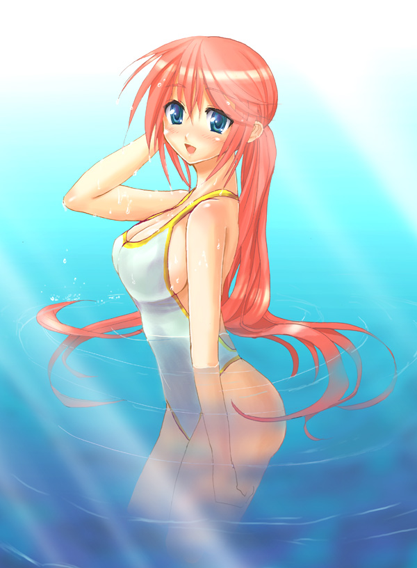 blue_eyes breasts cleavage large_breasts long_hair mugitarou one-piece_swimsuit original partially_submerged ponytail red_hair ripples sideboob solo swimsuit wet