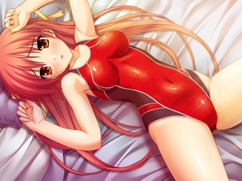 1girl armpits arms_up bed blush breasts competition_swimsuit embarrassed from_above game_cg hair_ribbon impossible_clothes impossible_swimsuit long_hair lying medium_breasts minase_rin navel on_back one-piece_swimsuit open_mouth pillow pink_hair ribbon shiny shiny_clothes solo splash! spread_legs swimsuit thighs very_long_hair yellow_eyes