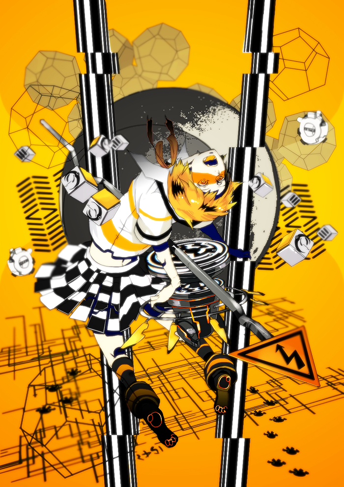bad_id bad_pixiv_id blonde_hair from_behind kagamine_rin kneehighs leaning_back looking_back open_mouth otofuke short_hair skirt socks solo striped tiger_rampage_(vocaloid) vocaloid yellow_eyes