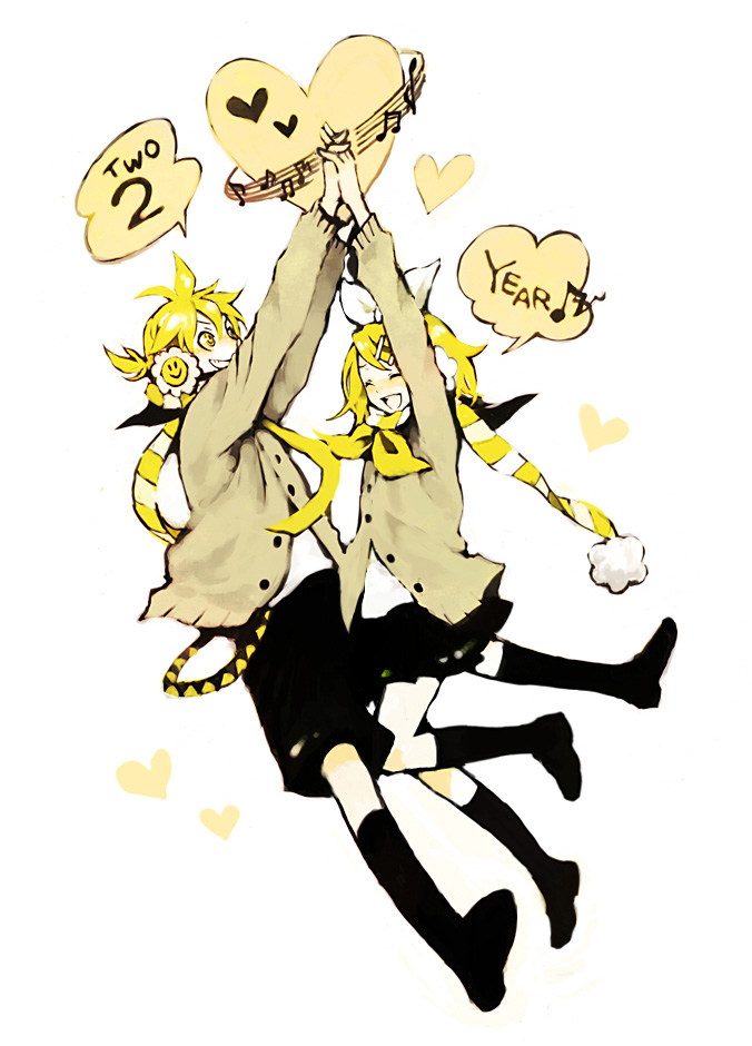 1girl bad_id bad_pixiv_id blonde_hair blush brother_and_sister hair_ornament hair_ribbon hairclip headphones heart high_five jacket kagamine_len kagamine_rin kneehighs kuwahara_souta looking_up necktie open_mouth ponytail ribbon scarf short_hair shorts siblings skirt smile socks striped striped_scarf twins vocaloid yellow_eyes yellow_neckwear