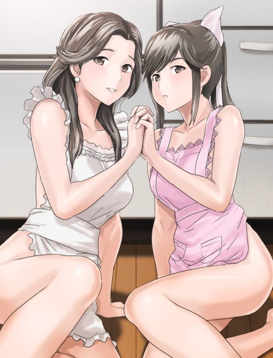 apron arm_support bare_shoulders bow brown_eyes brown_hair earrings hair_bow holding_hands jewelry long_hair looking_at_viewer love_plus mature mother_and_daughter multiple_girls naked_apron parted_lips ponytail smile takane_manaka takane_sumi usatarou
