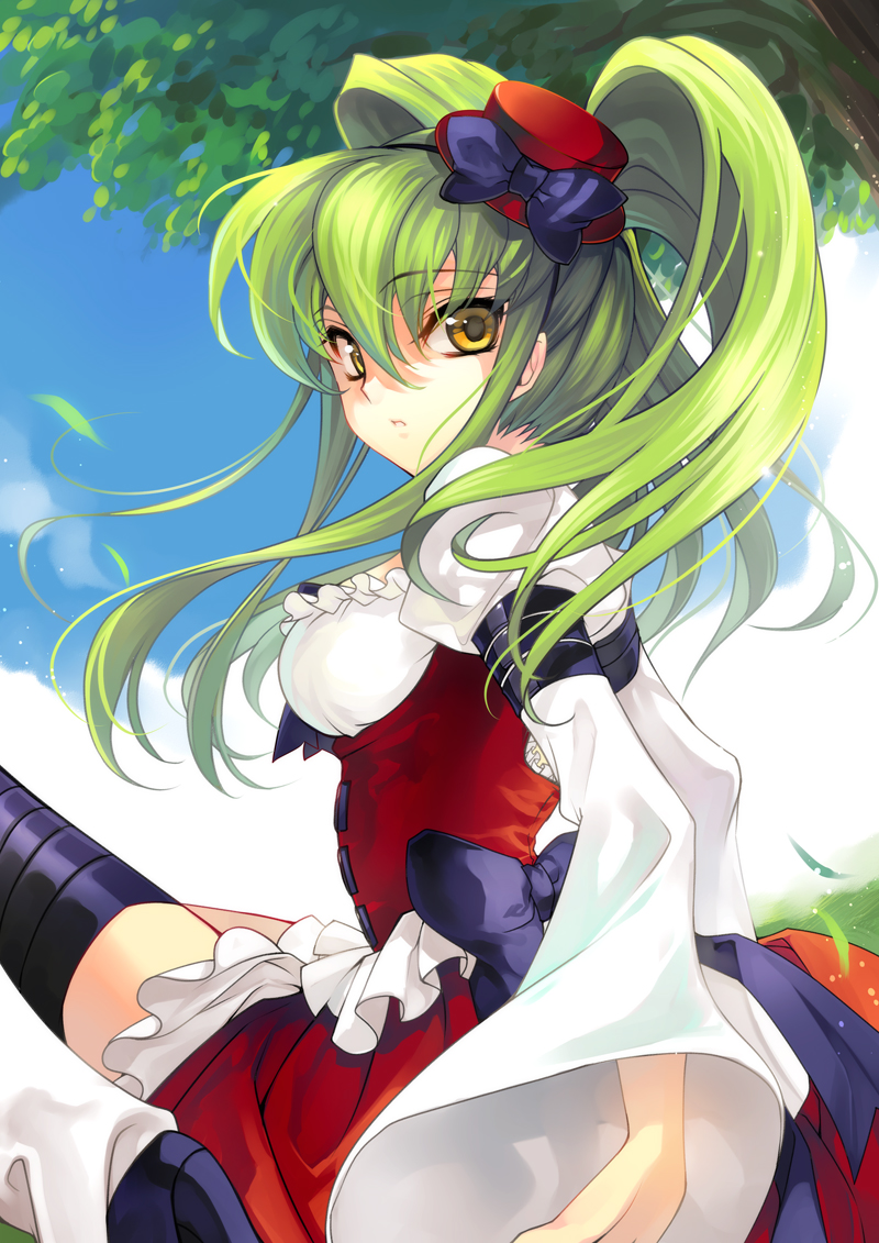alternate_hairstyle breasts c.c. code_geass corset creayus dress green_hair hat long_hair looking_at_viewer medium_breasts mini_hat mini_top_hat sitting solo thighhighs top_hat twintails wide_sleeves yellow_eyes