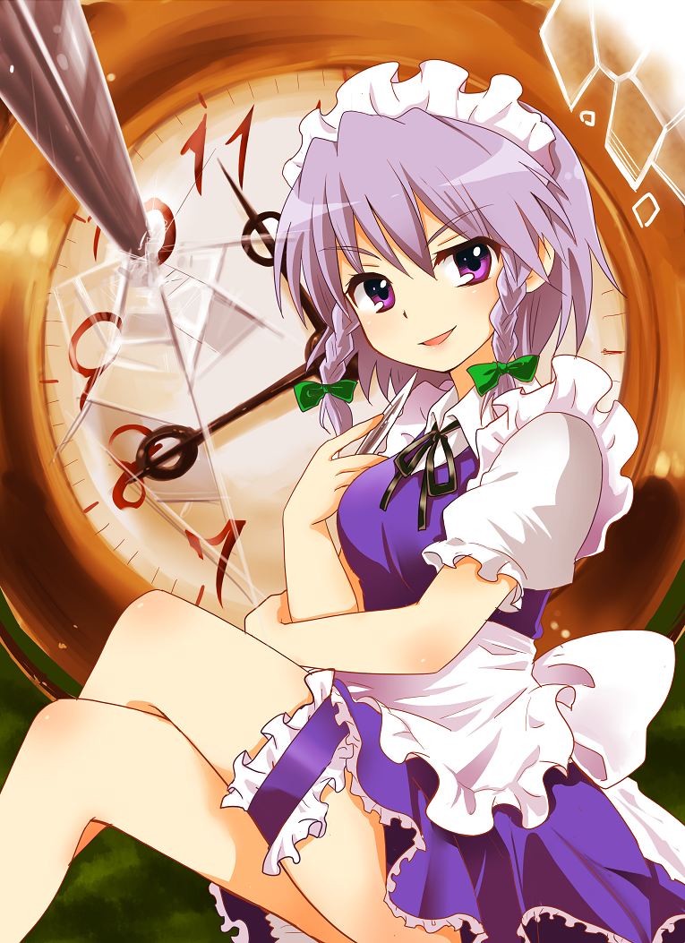 braid clock garters izayoi_sakuya knife lavender_hair maid maid_headdress mochizuki_yomogi purple_eyes short_hair silver_hair solo touhou twin_braids