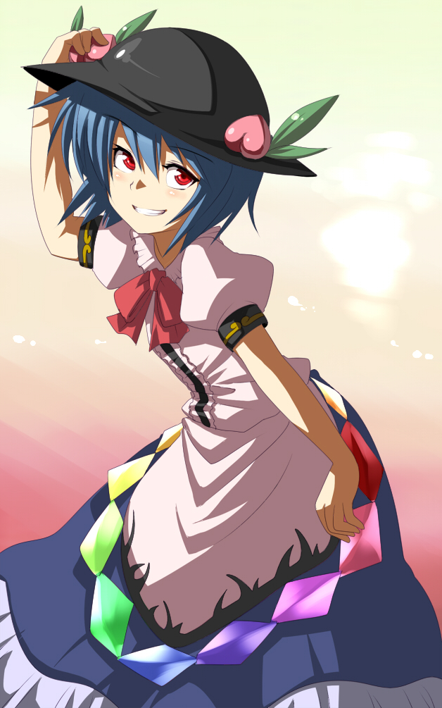 alternate_hair_length alternate_hairstyle blue_hair bow bowtie face food fruit grin hand_on_own_head harusame_(unmei_no_ikasumi) hat hinanawi_tenshi peach red_eyes short_hair smile solo touhou