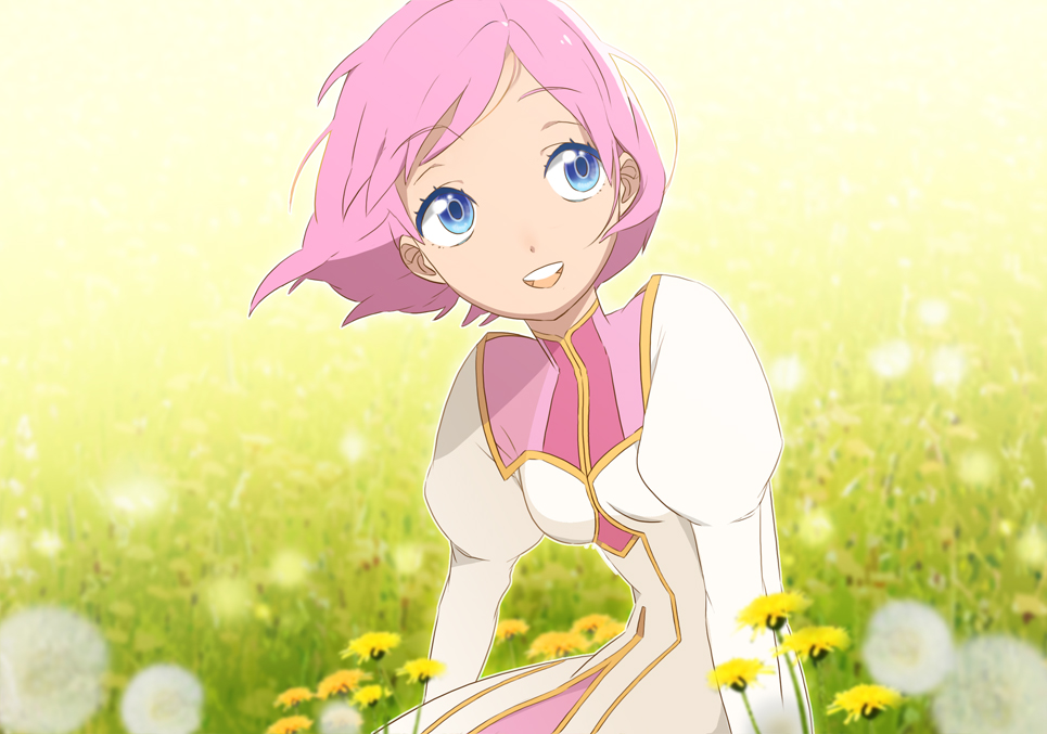 bad_id bad_pixiv_id blue_eyes estellise_sidos_heurassein field flower gradient gradient_background green_background pink_hair smile solo tales_of_(series) tales_of_vesperia waka205 yellow_background