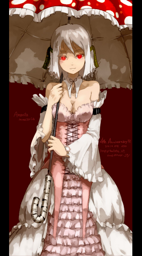 amanita_muscaria bare_shoulders breasts cleavage detached_sleeves dress frills glowing glowing_eyes large_breasts letterboxed mushroom oso-teki_kinoko_gijinka_zukan oso_(toolate) personification red_eyes ribbon short_hair solo too_many too_many_frills umbrella white_hair