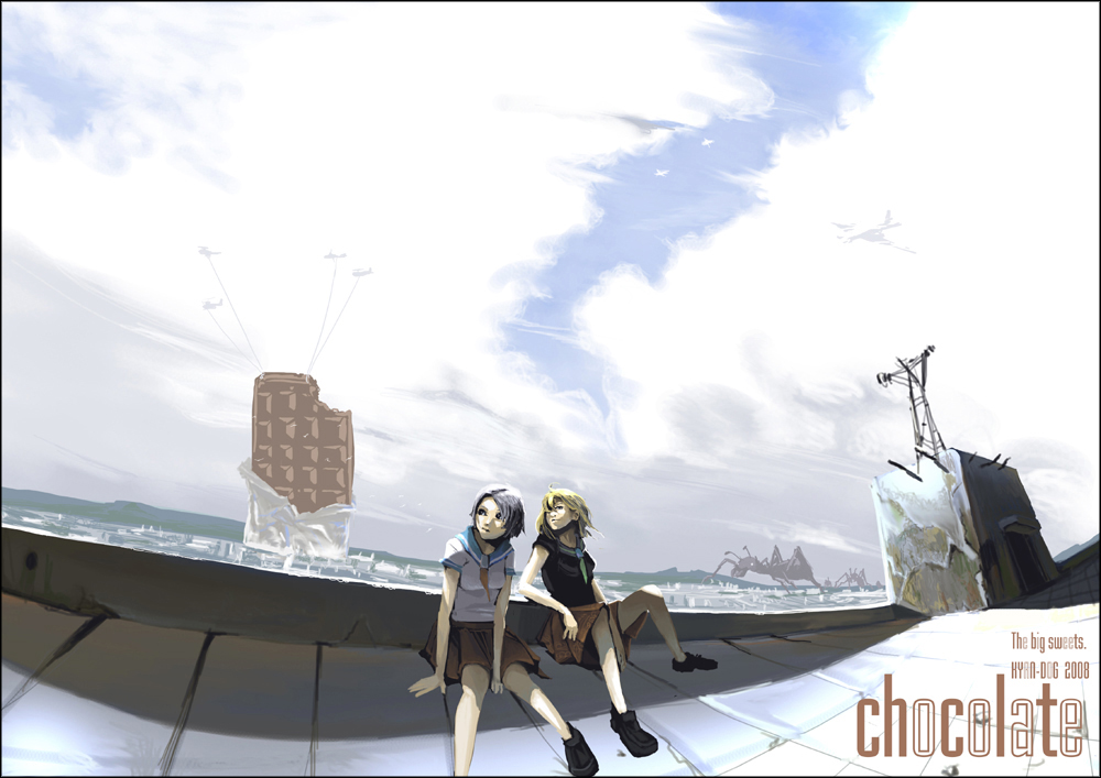 aircraft ant bug chocolate cloud copyright_request day helicopter insect kyan-dog multiple_girls rooftop school_uniform sky