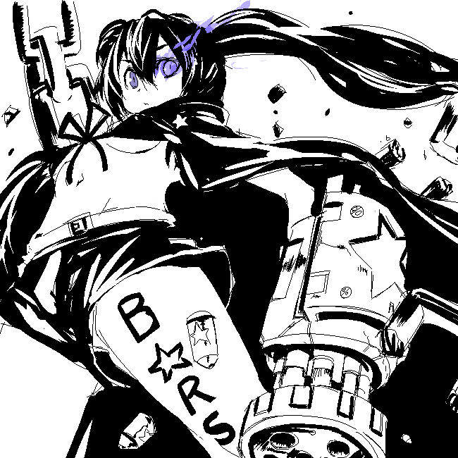 arm_cannon bad_id bad_pixiv_id bangs belt bikini_top black_hair black_rock_shooter black_rock_shooter_(character) breasts bullet burning_eye chain cloak coat debris from_below front-tie_top glowing glowing_eyes greyscale gun hood hooded_jacket huge_weapon jacket long_hair looking_down midriff monochrome navel pale_skin purple_eyes shirow_(crazy) short_shorts shorts small_breasts solo spot_color star twintails underboob uneven_twintails very_long_hair weapon wind